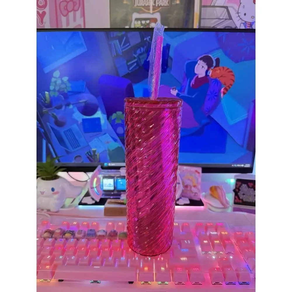 Hello Kitty Swirl Tumbler Lid Straw Shiny Metallic Spiral Plastic Pink Sanrio